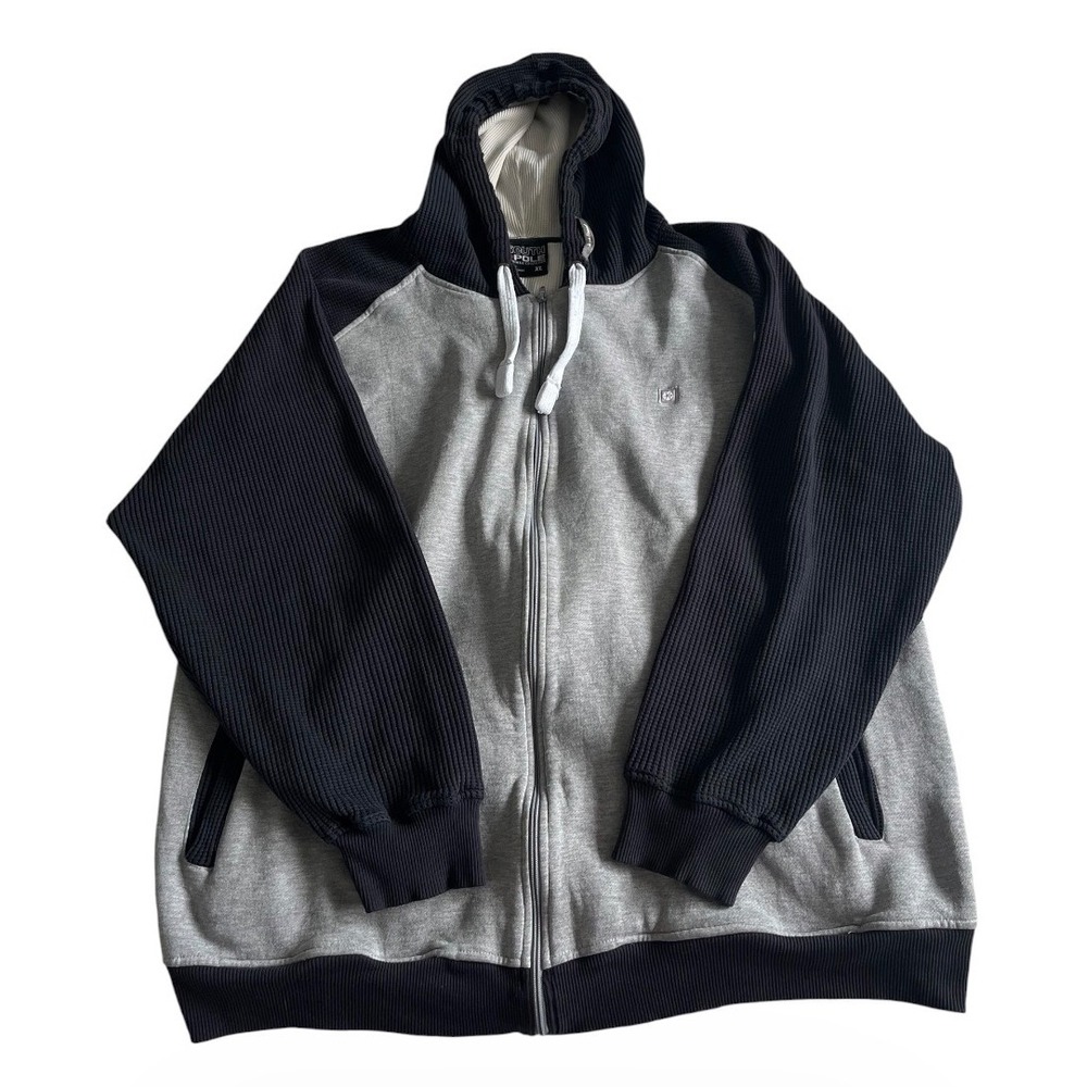 Y2K South Pole Mens XL Grey Waffle Knit Full Zip Hoodie Retro Streetwear